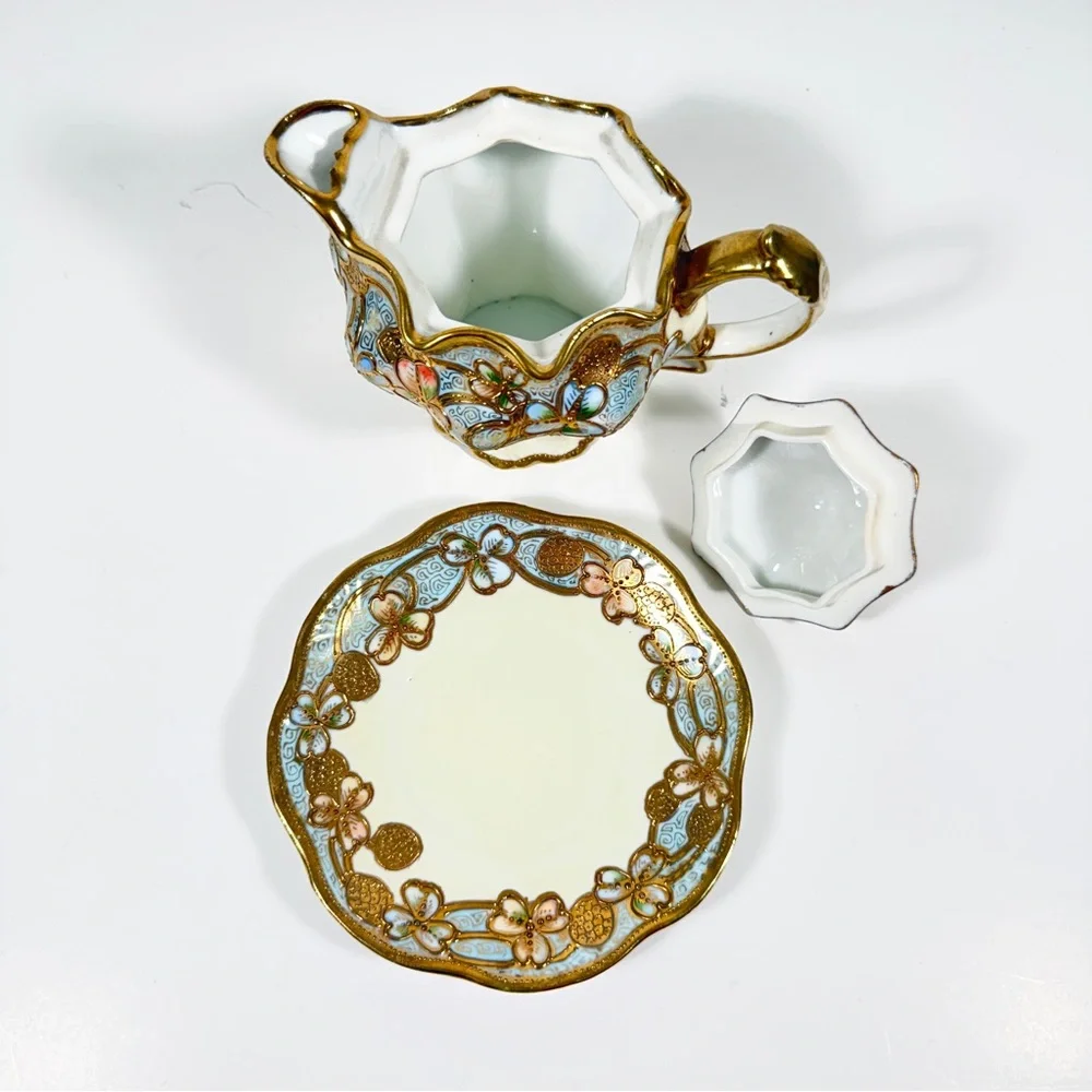 Antique Nippon Syrup Jug & Plate Hand Painted Blue Gold Moriage Flower‎ Signed
